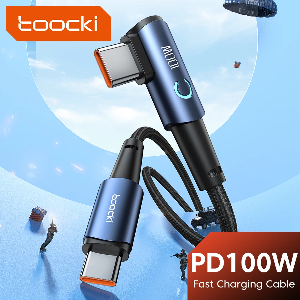 Toocki 100W codo USB C a tipo C Cable para Samsung S22 luz LED 5A Cable USB C de carga rápida para Redmi Xiaomi 12 11 Cable de juego