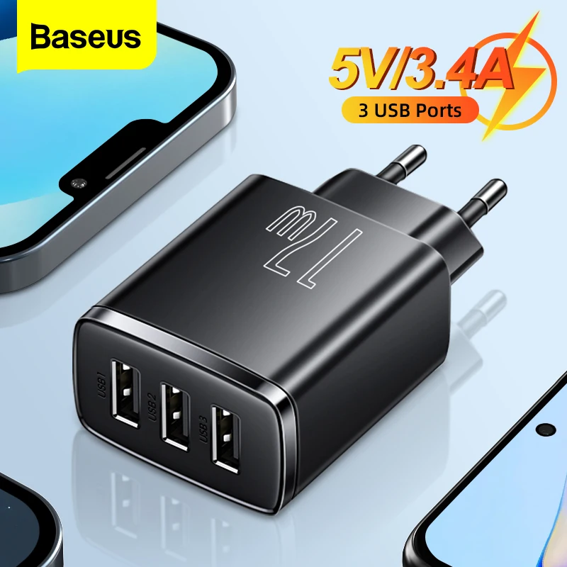 Baseus Cargador USB 17W 3 USB Carga Rápida Teléfono Móvil Adaptador Carga Pared Portátil Múltiples Puertos iPhone Xiaomi - Vista principal del producto