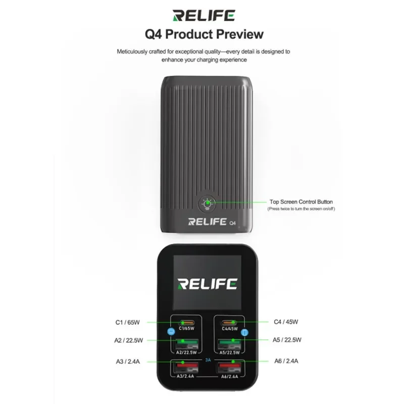RELIFE Q4 72W cargador rápido inteligente de 6 puertos con pantalla TFT HD a Color para teléfono móvil tableta portátil Dual PD QC carga rápida - imagen 5