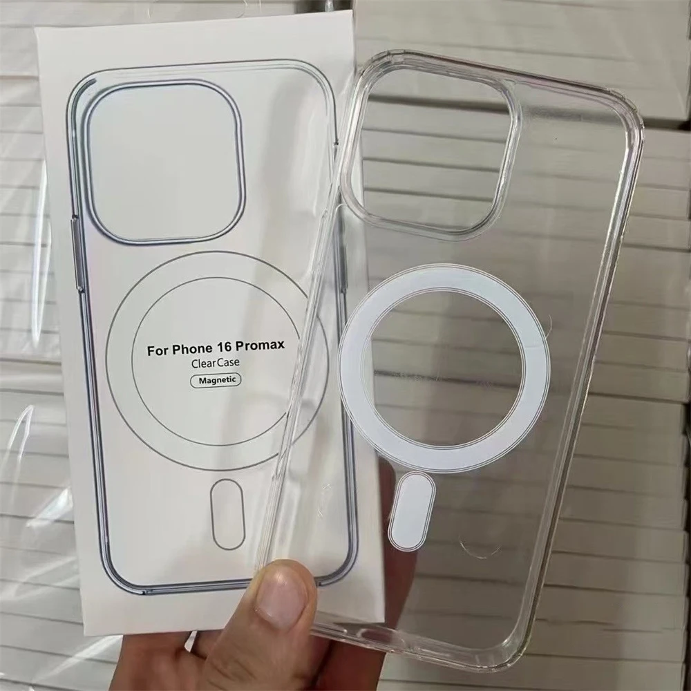 Con caja funda magnética para iPhone16 15 14 13 12 11 Pro Max 12 13mini 7 8 X XS XR cubierta dura transparente para PC para carga inalámbrica Magsafe