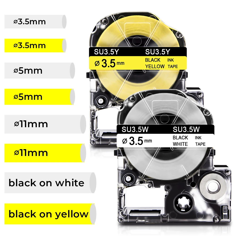 Tubo termorretráctil Compatible con Epson, 3,5/5/11mm, SU3W SU5S SU11S SU3Y SU5Y SU11Y para etiquetadora Epson Labelworks LW-600P LW-400 LW900