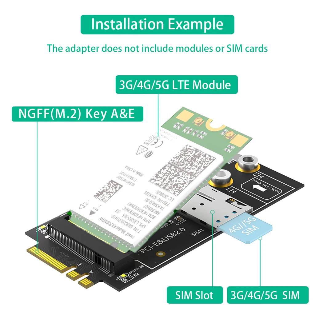 Tarjeta adaptadora M.2 Key B a A+E con ranura para tarjeta NANO SIM para módulo LTE 3G/4G/5G compatible con tarjeta USB 2,0/PCI-E M.2 B-Key 3042 3052 - imagen 4