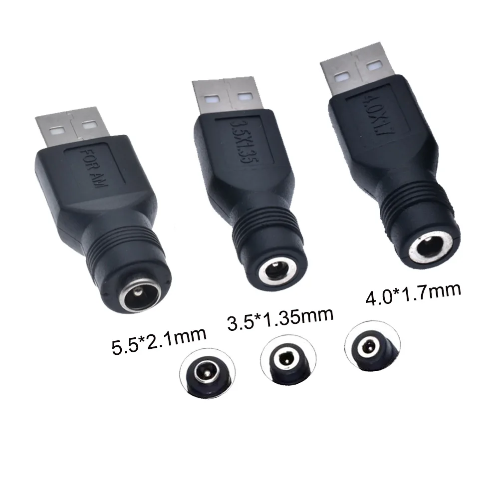 Conector hembra CC a USB 2,0 macho, adaptador de conector de enchufes de alimentación de 5V para ordenador portátil 3,5*1,35mm/4,0*1,7mm/5,5*2,1mm, Color negro