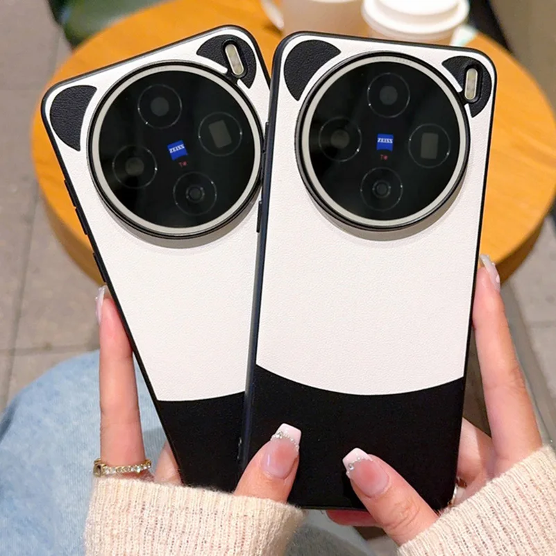 Funda protectora con anillo elevado de cuero liso de Panda bonito para VIVO X200 Ultra X200s x200 pro mini X100 Ultra X100S, funda protectora para cámara