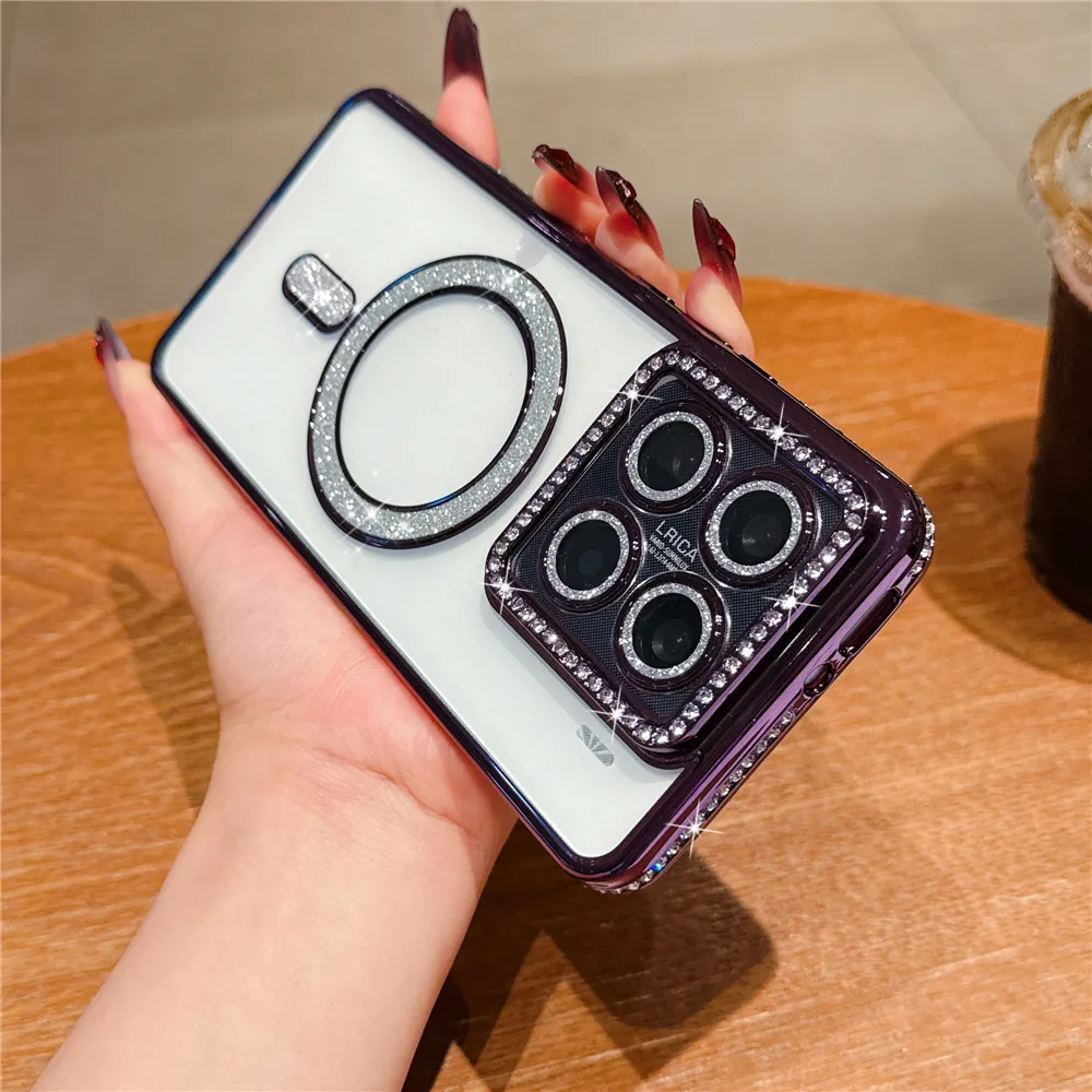 Funda de teléfono transparente con purpurina de diamante para Xiaomi 14T Pro Redmi Note 14 Pro Plus POCO X7 magnética para cubierta de carga inalámbrica Magsafe - imagen 4