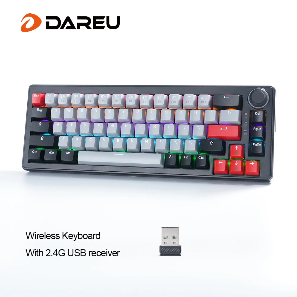 DAREU-teclado mecánico inalámbrico para jugar, 2,4G, 4000mAh, interruptor rojo, todas las teclas, iluminación arcoíris sin conflictos con perilla multifunción - imagen 2