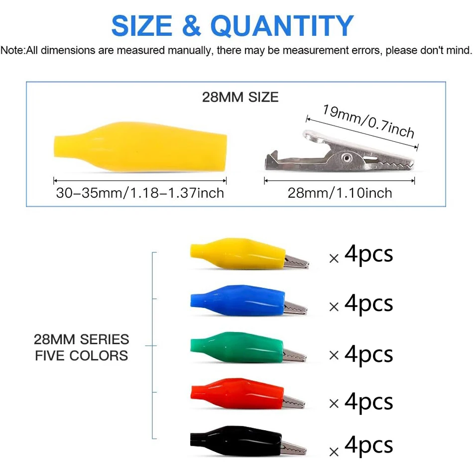 20 piezas 28mm 5 colores Clips de prueba pequeños Clips de hierro de seguridad de pequeña potencia Clips de cocodrilo de prueba de instrumentos Clips fijos - imagen 2