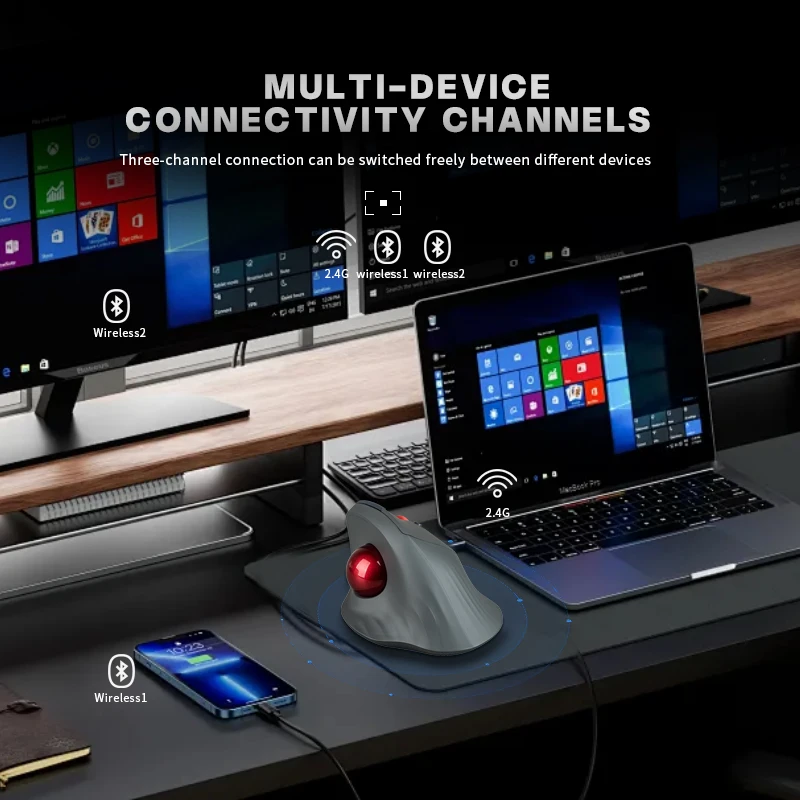 Ratón Trackball Vertical inalámbrico, ergonómico, Bluetooth 5,1, modos duales, 1600DPI, recargable, silencioso, Trackball para Win/iOS - imagen 2