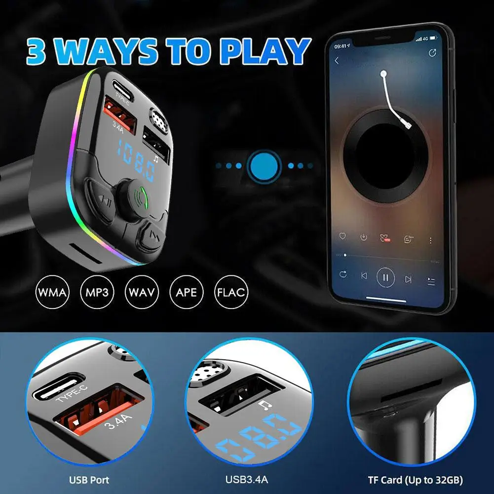 Transmisor FM para coche PD tipo C reproductor ambiental USB Dual cargador de luz inalámbrico MP3 adaptador de carga USB-C en cargador Bluetooth 5,0 para coche - imagen 4