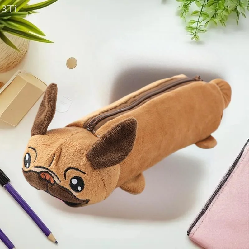 Estuche para lápices de perro de peluche de dibujos animados, bolsa de almacenamiento multifuncional, monedero, bolsa de juguete de peluche Kawaii, suministros de papelería para estudiantes - imagen 4