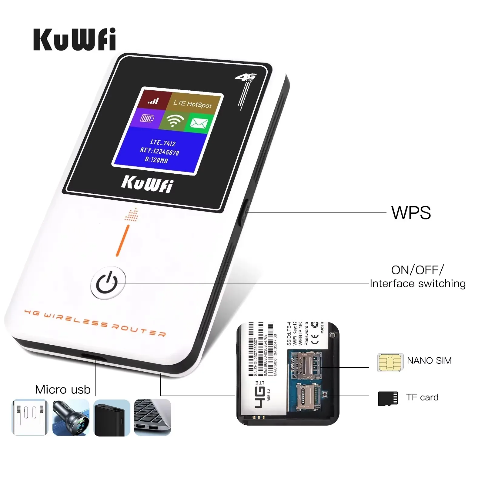 KuWFi 4G LTE Router Wifi de bolsillo 150Mbps enrutador inalámbrico portátil módem de punto de acceso con ranura para tarjeta SIM compatible con Firewall WPS 2100mAh - imagen 5