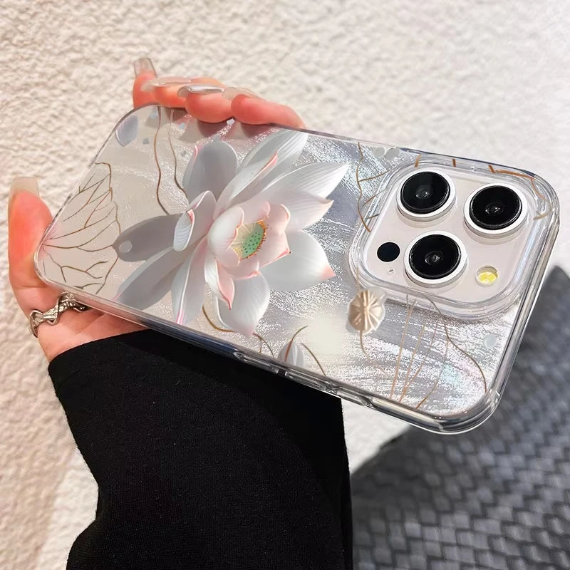 Funda de teléfono con flores estéticas de arte de loto rosa para iPhone 16 15 14 13 12 11 Pro Plus Max 16E XR XS 7 8 Plus 2025, funda dura brillante - imagen 4