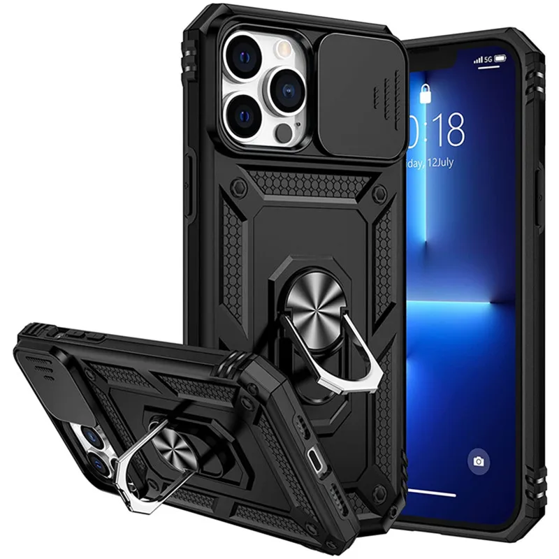 Funda con soporte de armadura de grado militar con cubierta de cámara deslizante para IPhone 14 Plus 13 11 15 16 Pro Max 12 Mini XS XR soporte magnético para coche