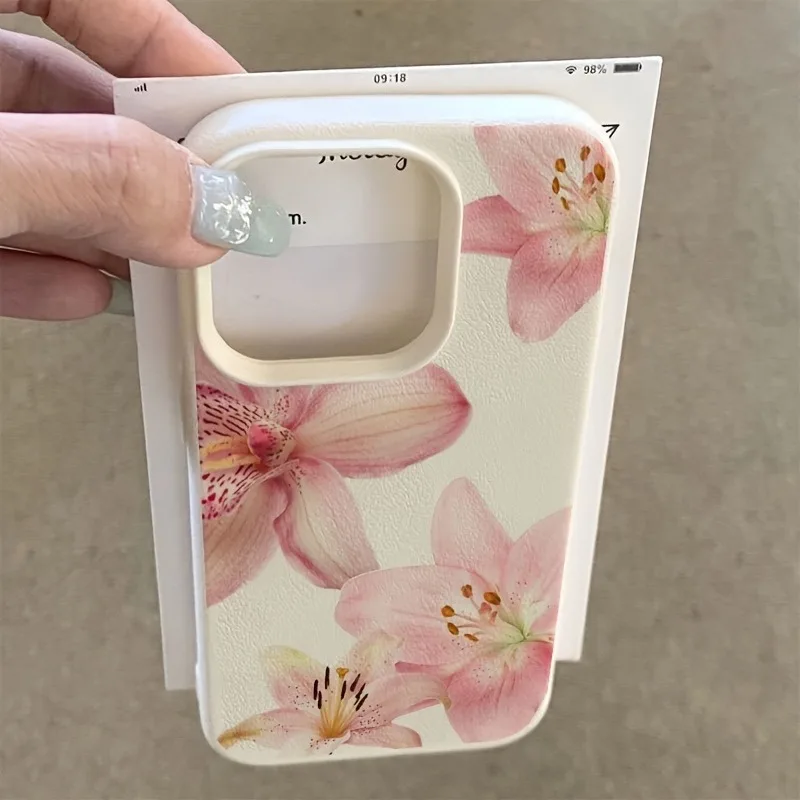 Funda de teléfono con textura de lichi y flor de lirio rosa para iPhone 17 Pro Max 11 12 13 14 15 16 Pro 17 Air 15 14 Plus X XS XR 16E, funda suave - imagen 2