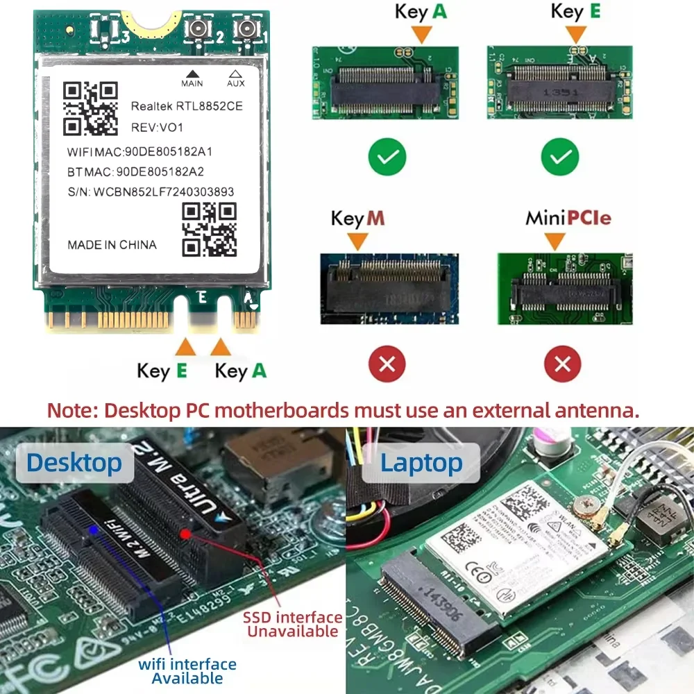 Adaptador sin cables WiFi 6E RTL8852CE M.2 NGFF Bluetooth 5,3 5374Mbps 2,4G/5G/6GHz 802.11AX para escritorio/portátil para Win10/11 - imagen 5