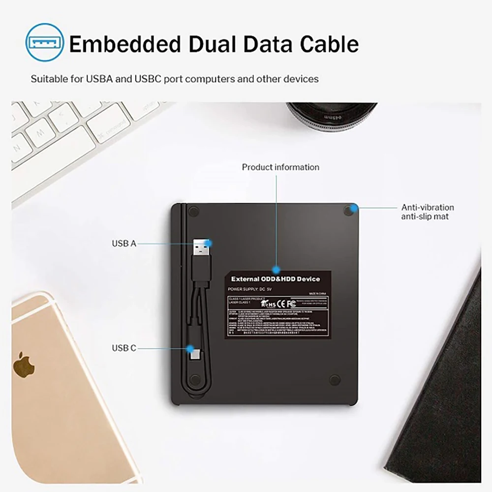 Unidad de CD/DVD externa USB 3,0 tipo C, unidad de DVD 6 en 1, Unidad óptica con ranuras SD/TF y USB 3,0, unidades ópticas para PC y portátil - imagen 5