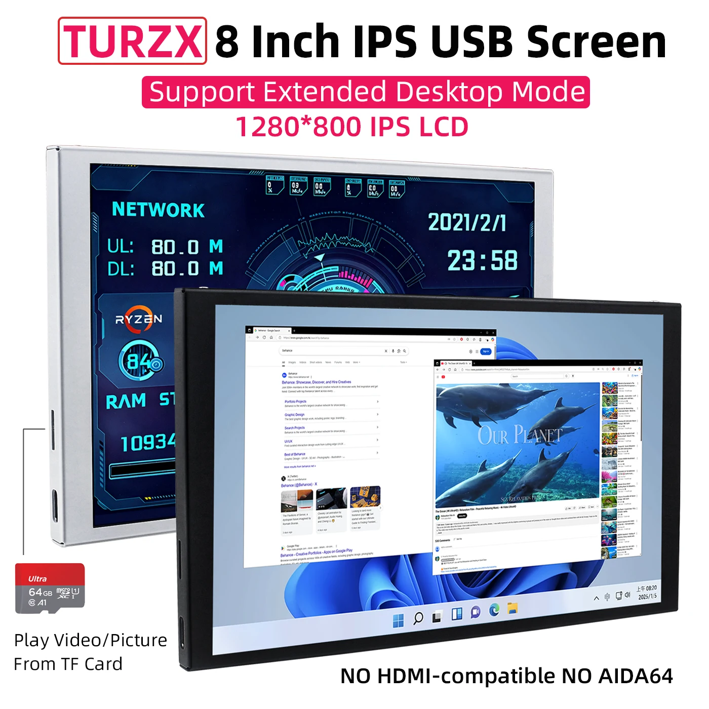 TURZX Pantalla secundaria de 8 pulgadas Pantalla USB 1280x800 IPS LCD Modo de escritorio extendido y CPU GPU RAM HDD Monitor No AIDA64 Win10/11