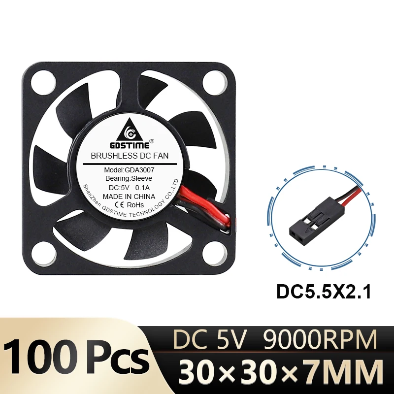 Gdstime-ventilador de refrigeración sin escobillas, pieza pequeña de 5V, Dupont, 2 pines, 100, 3cm, 30mm, 30x30x7mm, 3007 Uds./lote