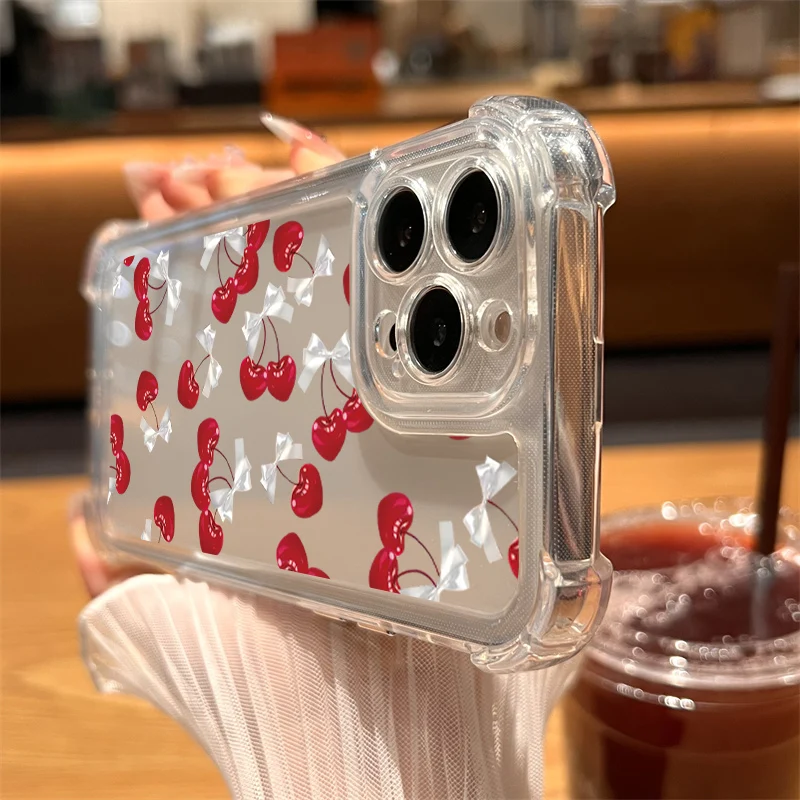 Funda de teléfono transparente con bonito lazo de cereza para iPhone 16 15 14 13 12 11 Pro Max 7 8 16 15 Plus X XR XS Max, funda suave transparente de silicona - imagen 4