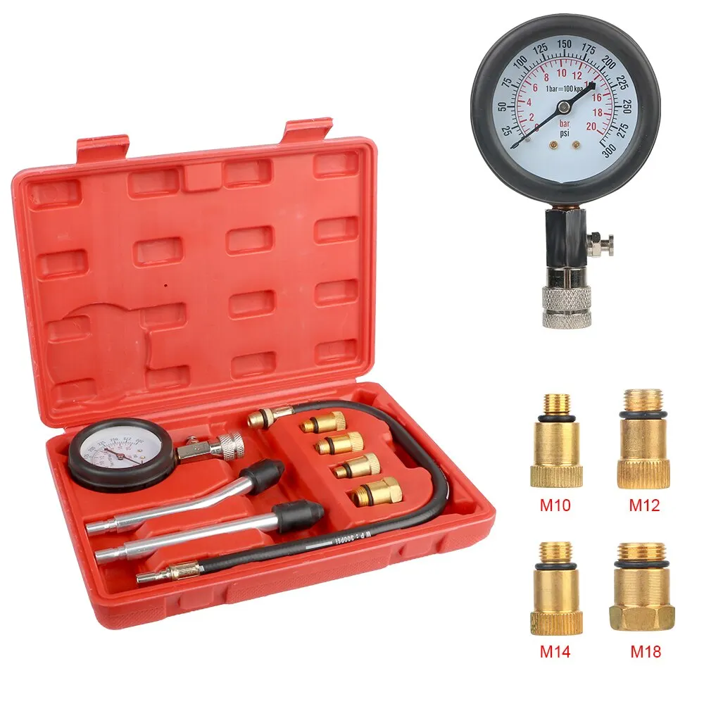 Kit de prueba de cilindro de coche, medidor de compresión de motor de gasolina, manómetro de 0-300 PSI con adaptador M10 M12 M14 M18