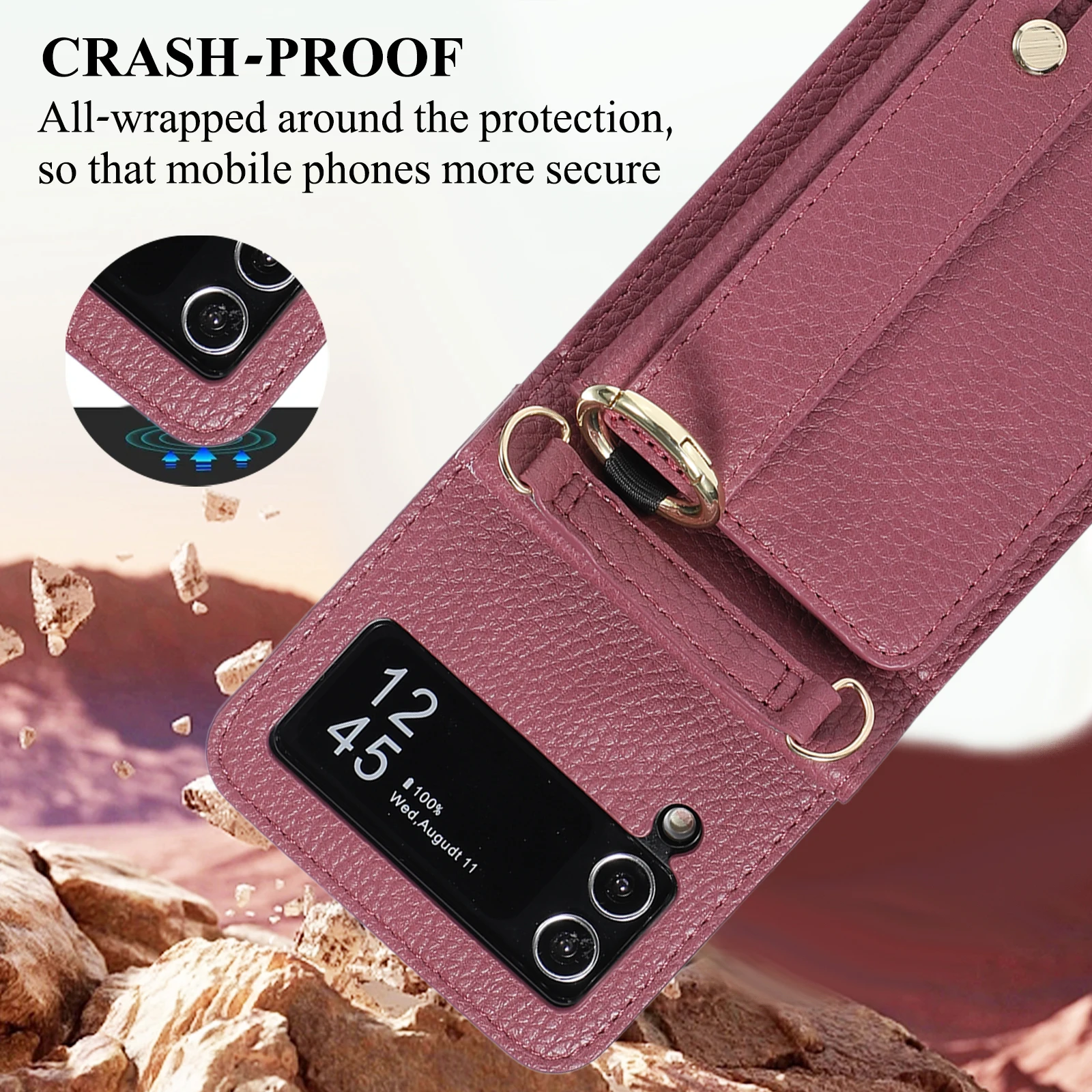 Funda de cuero Galaxy Z Flip - cordón y soporte para anillo bolsillo - imagen 3