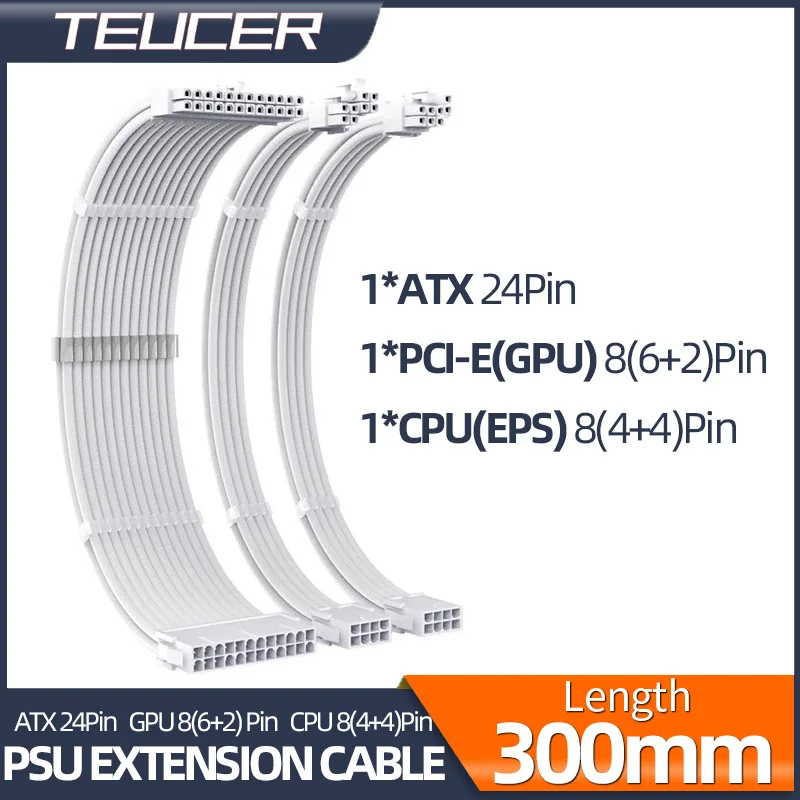 Teucer-Cable de extensión PSU, placa base ATX de 24 Pines, GPU, PCI-E, 6 + 2 pines, 8 pines, CPU EPS, 4 + 4 pines, 3 en 1, Kit de Cable de alimentación de 18awg y 300mm con peines