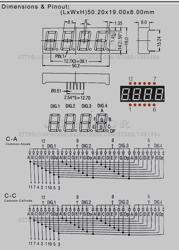 C-C de ánodo común de Digitron, 5 piezas, 0,56 pulgadas, 12 Pines, 5461AS, C-A, 5461BS, 4 dígitos, Bits, 7 segmentos, pantalla Digital LED roja - imagen 4