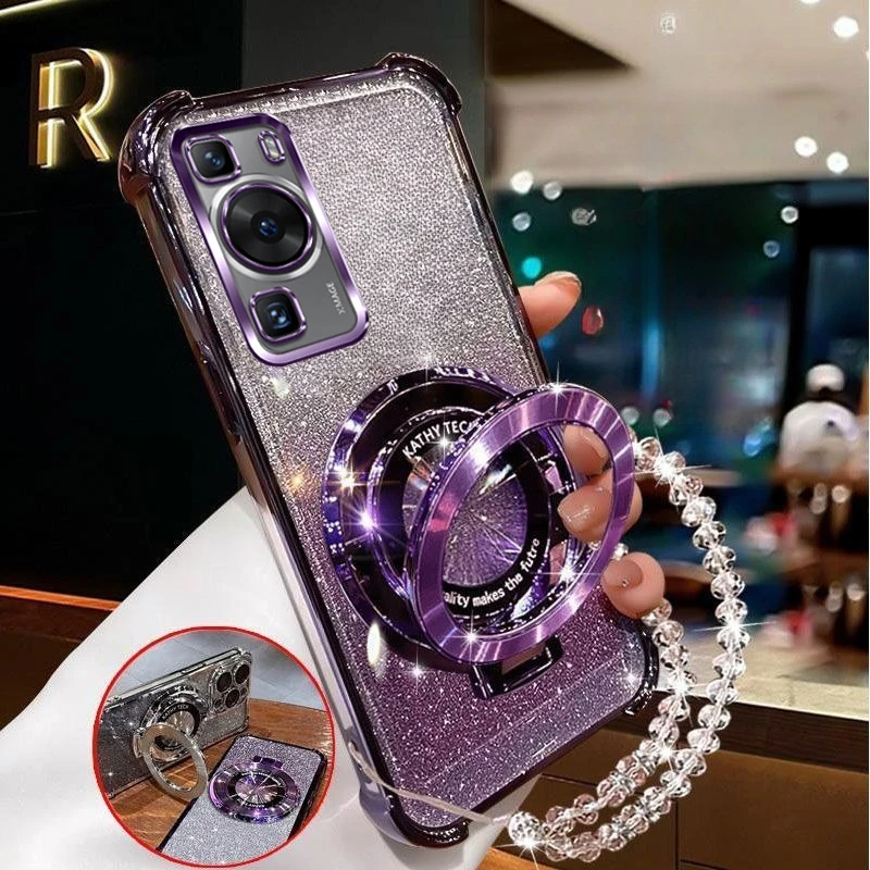 Funda de teléfono con soporte magnético y pulsera de cristal para Huawei P30 Lite P40 P50 P60 Pura 80 70 Pro Mate 50 Pro, funda brillante a prueba de golpes - imagen 2