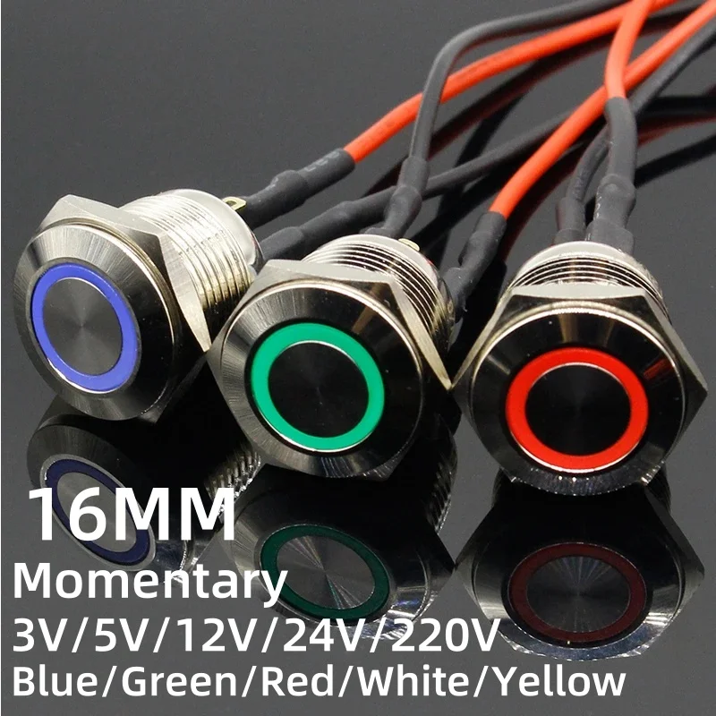 Interruptor de botón de Metal de reinicio automático de 16mm luz Led de cabeza plana momentánea rojo amarillo azul verde blanco 3V 12V 24V 220V