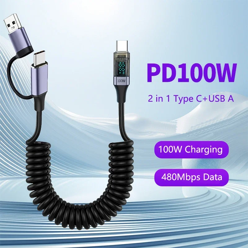 PD 100W resorte en espiral tipo C Cable de carga rápida 2 en 1 USB A/tipo-c a USB C Cable de datos pantalla Digital para iphone16 Huawei - imagen 3