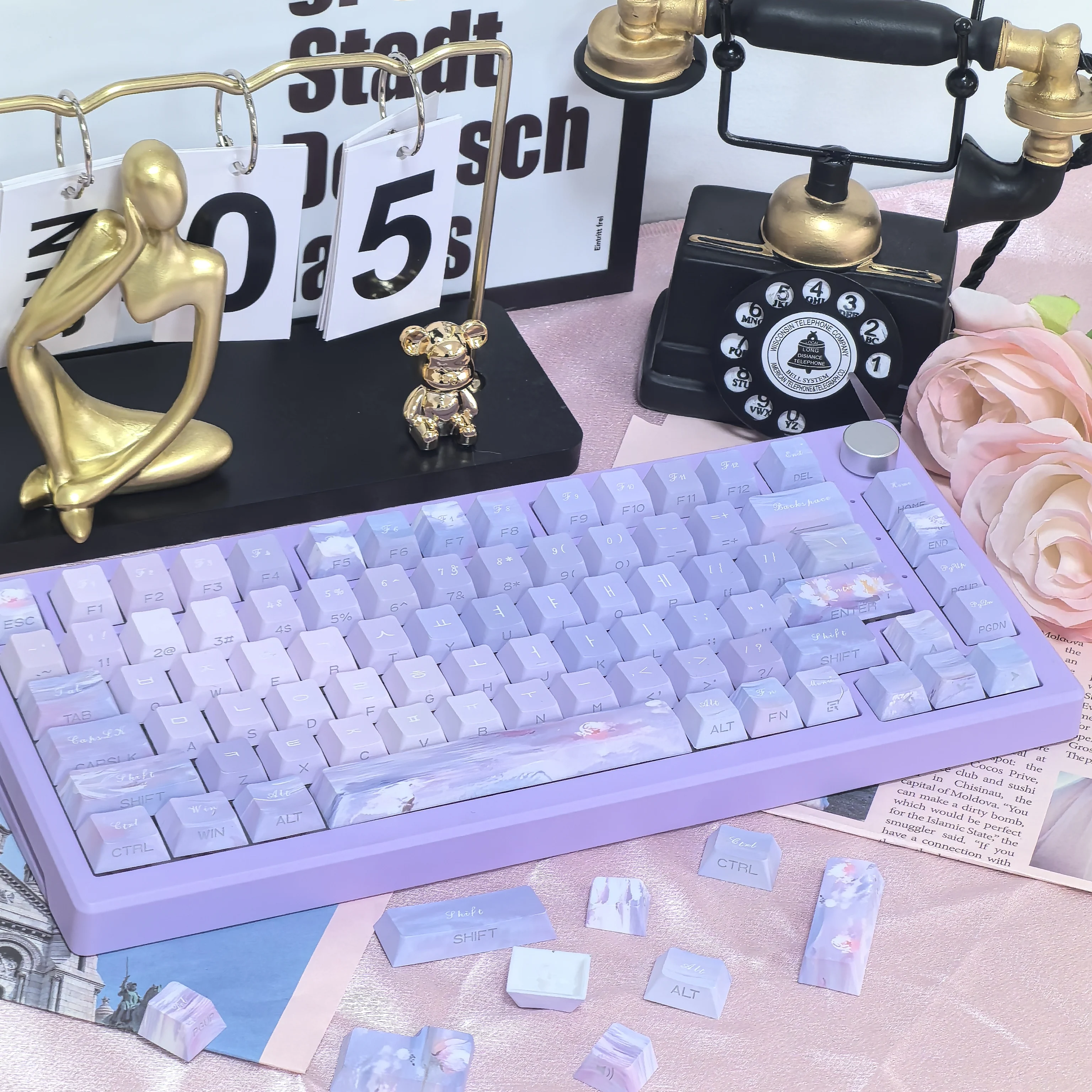 Tecla púrpura coreana, 130 teclas, Monet, lirio de agua de ensueño, KR, sublimación de cereza Pbt, DIY, translúcido grabado lateral, Hangul Keycap - imagen 4