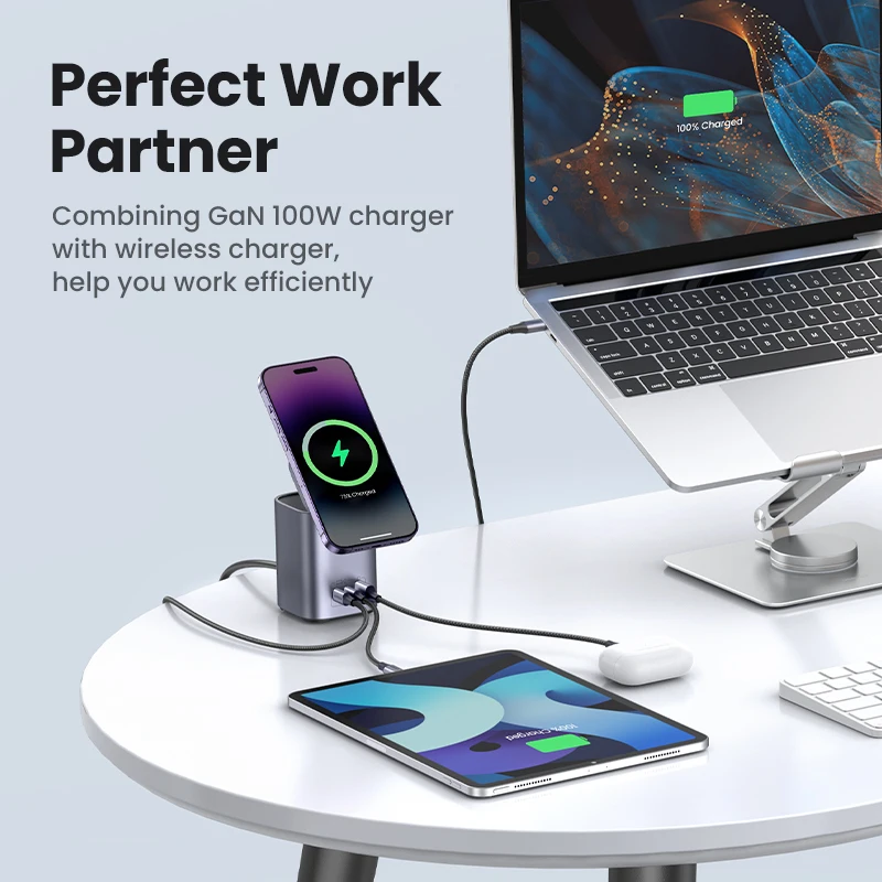 UGREEN GaN 100W cargador de escritorio MFi cargador inalámbrico magnético para iPhone 17 16 15 cargador rápido estación de energía para portátil Notebook - imagen 3