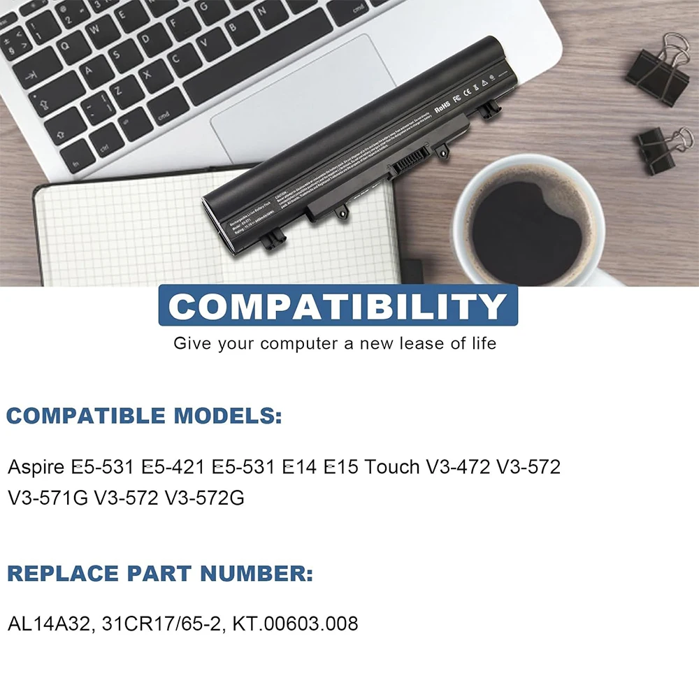 Batería de portátil AL14A32 para Aspire E1-571, E5-571, E5-411, E5-421, E5-511, E5-521, E14, E15, extensión táctil 2509, 2510 - imagen 2