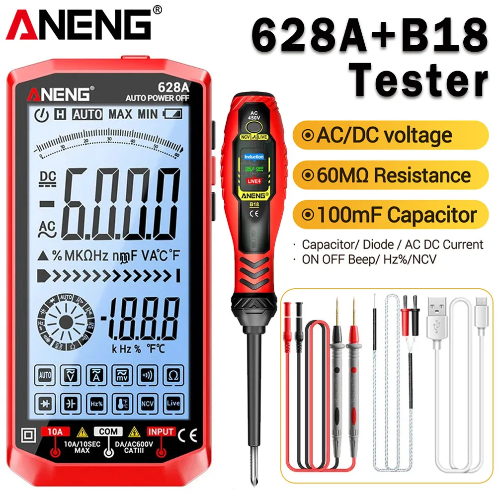Multímetro Digital ANENG AC/DC, Probador de Voltaje y Corriente con Pantalla Grande Retroiluminada 628+B18, Lápiz de Prueba de Voltaje de Alta Intensidad, Herramientas Profesionales