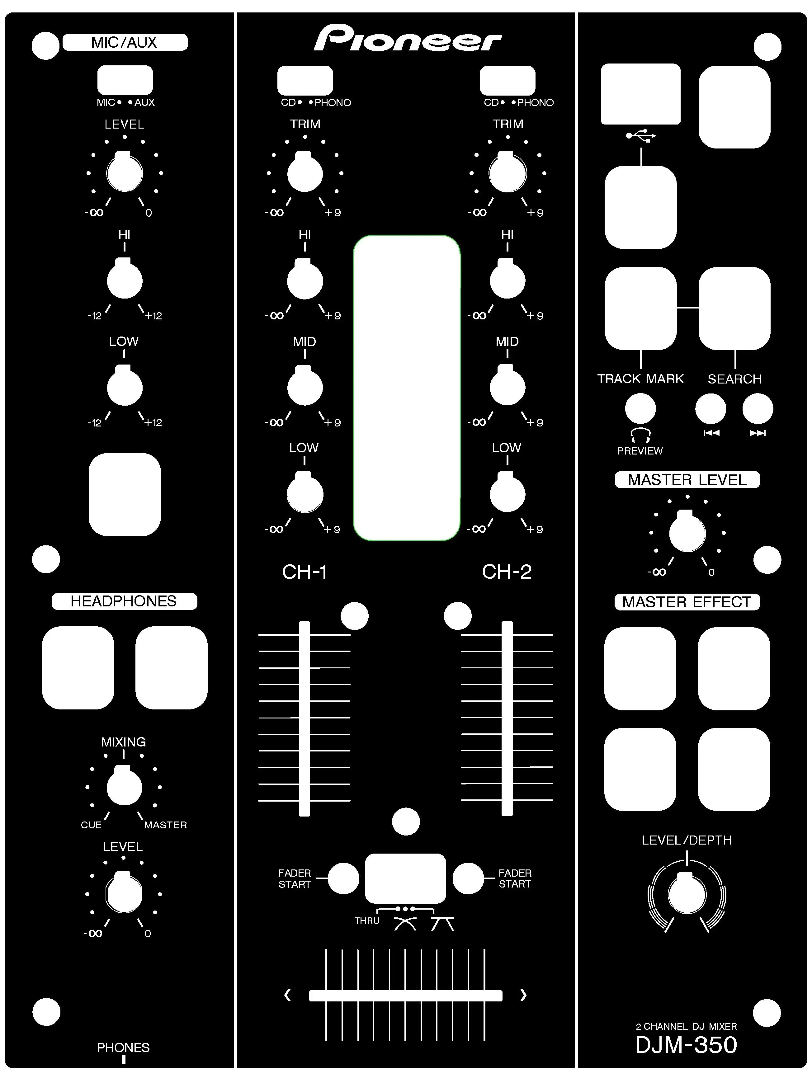 Pioneer DJM350 Panel de consola de mezclas Película de DJ Adhesivo protector Negro. ¡No controlador de DJ! - imagen 2