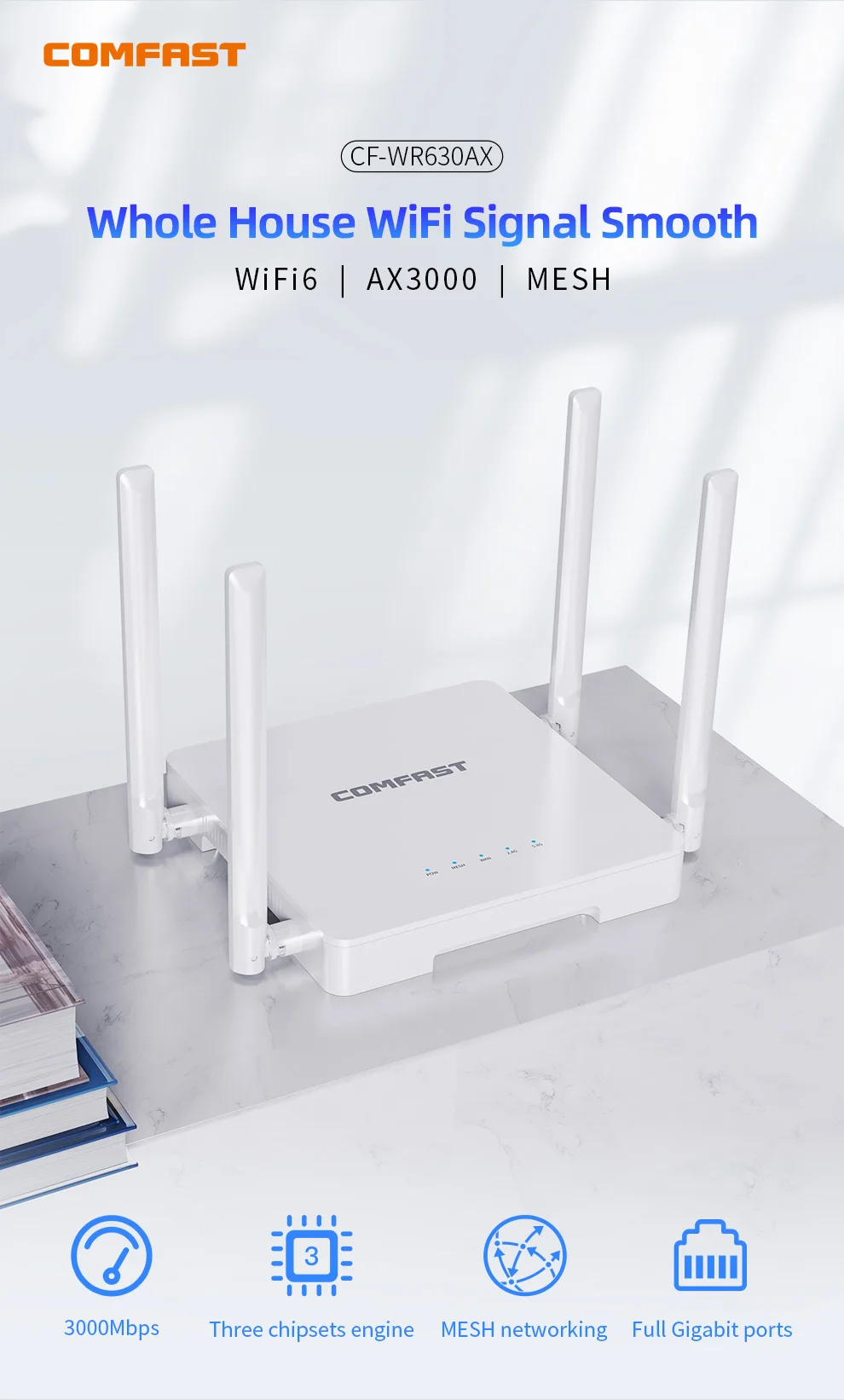 COMFAST-enrutador WiFi 6 Mesh AX3000, enrutador inalámbrico de banda Dual de 2,4G y 5GHz, 3000Mbps, Gigabit, WPA3, potente antena 4 x 5dBi para el hogar - imagen 3