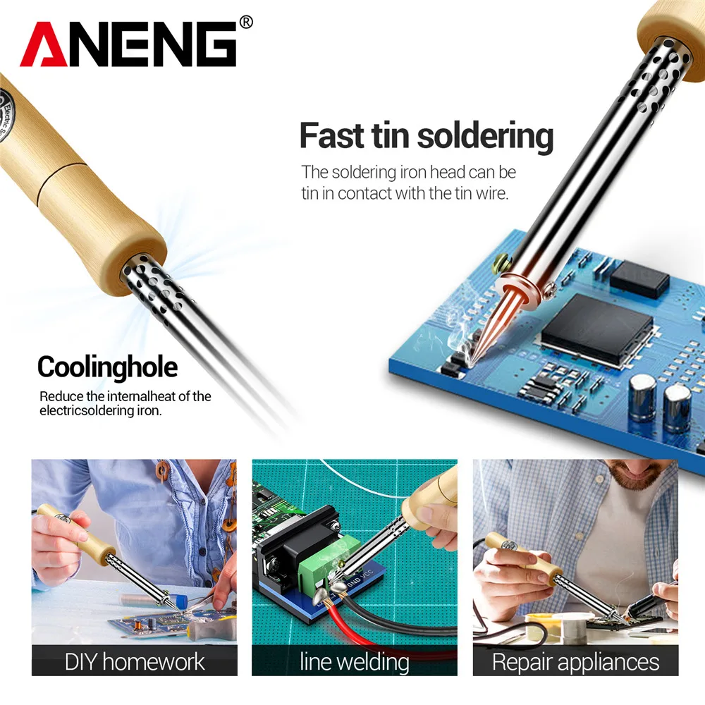 ANENG-Manga de tubo de acero inoxidable SL501/SL502, soldadura de hierro, punta de cobre con mango de madera, probador de estación de retrabajo, herramientas para el hogar - imagen 5