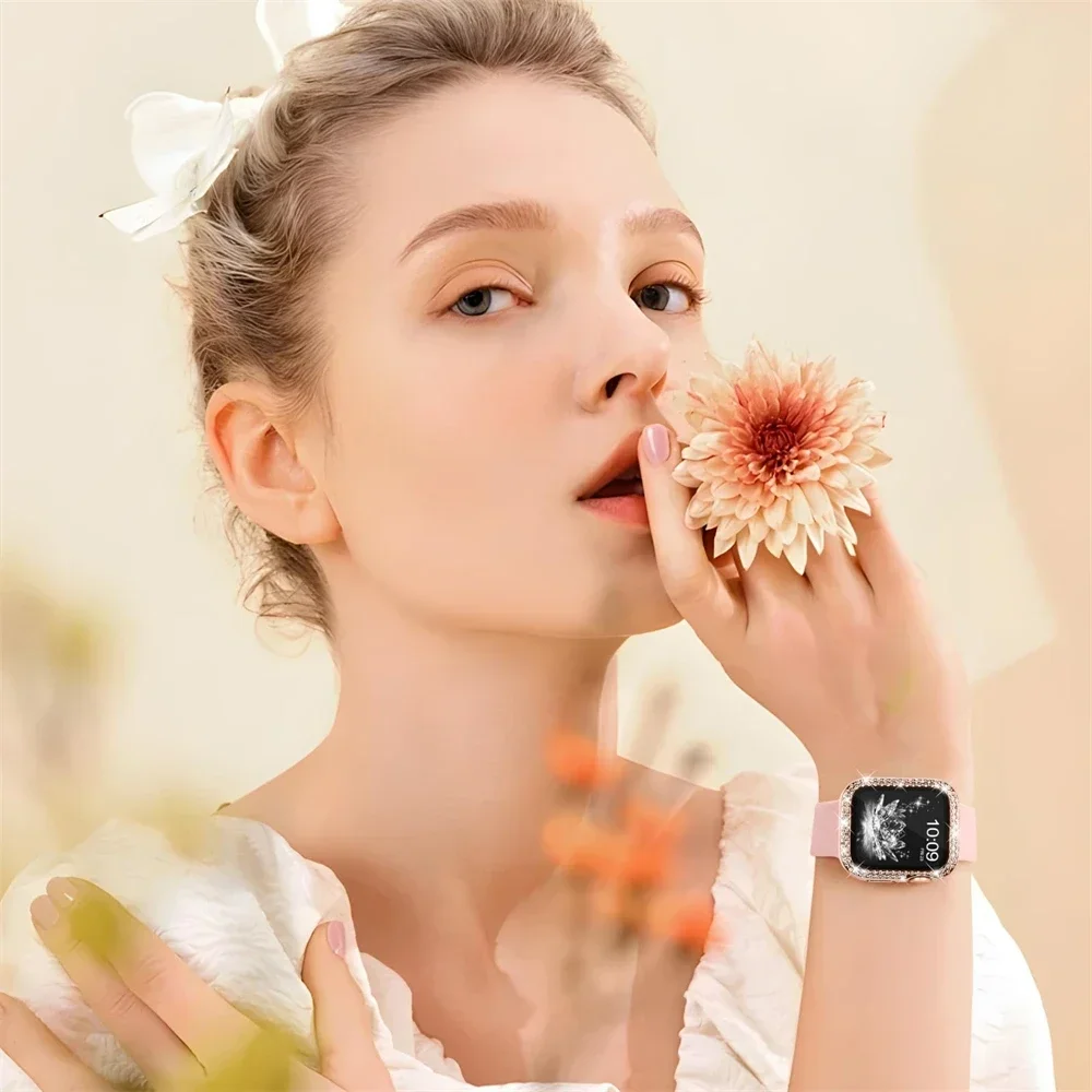 Bling Glass + cubierta + correa para correas de reloj Apple 45mm 41mm 44mm 40mm pulsera parachoques de diamante + Protector de pantalla serie 9 8 7 6 5 4 SE - imagen 5