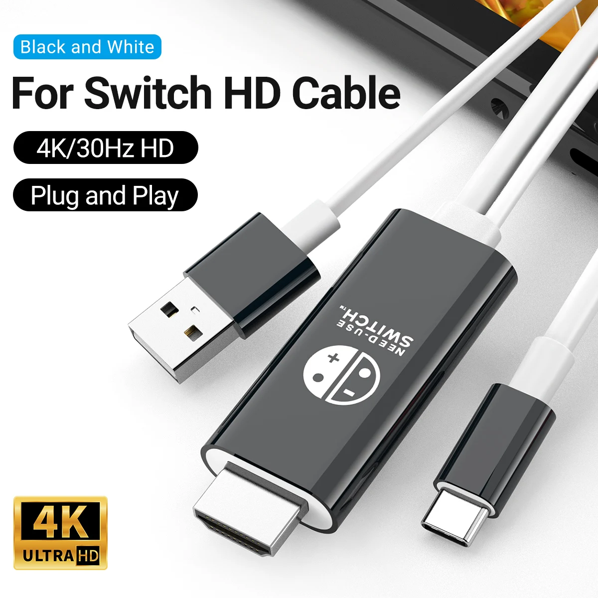 4K30Hz Type C to HDMI Cable USB to HDTV Adapter with USB 5V Power Supply With For Switch OLED/Phone/Notebook/Pad