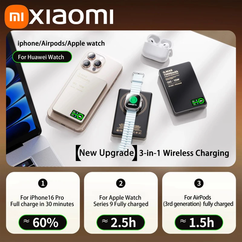 Xiaomi-Banco de energía magnético 3 en 1, carga súper rápida inalámbrica QI 15W con pantalla LCD inteligente para productos de la serie Iphone - imagen 5