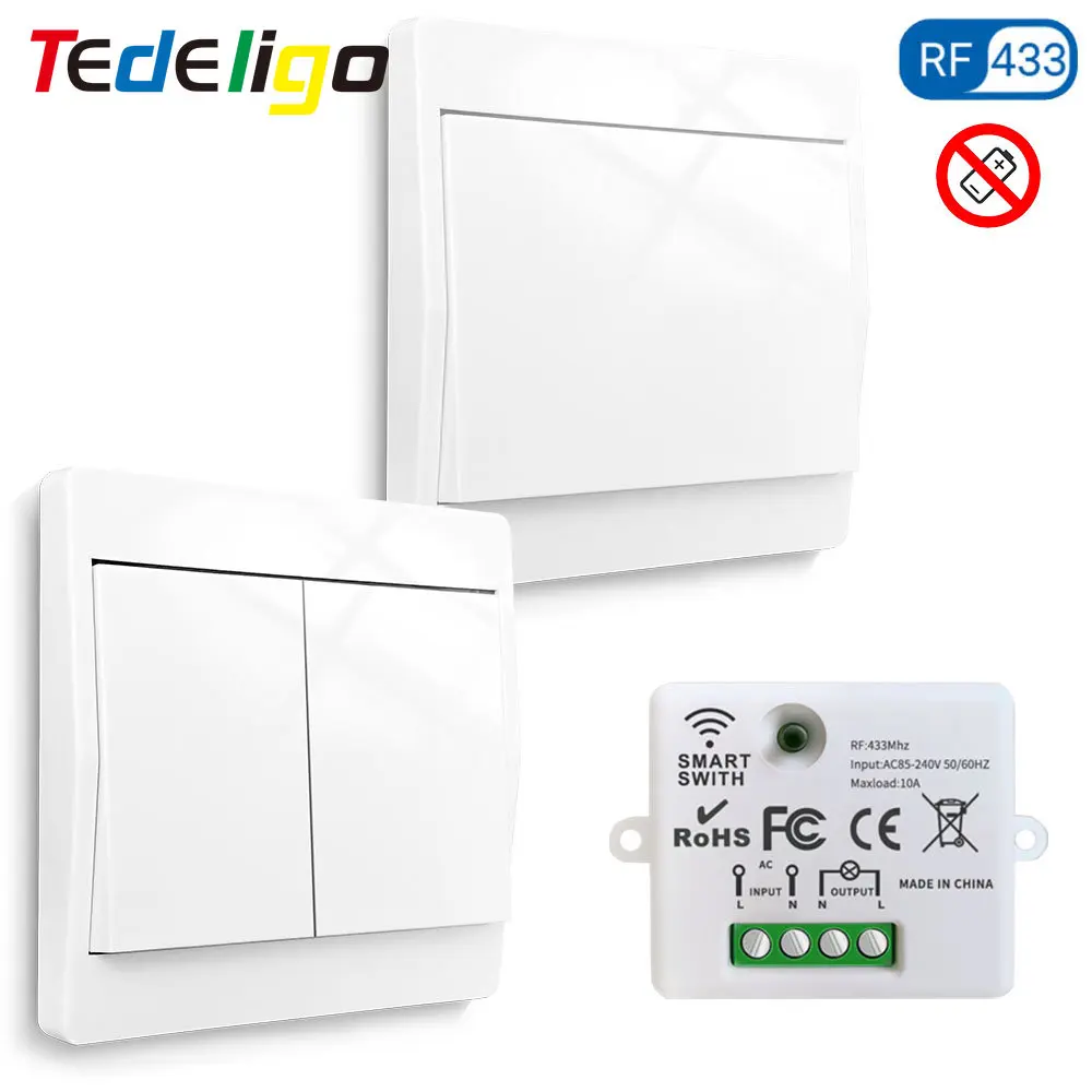 Interruptor de luz inalámbrico cinético RF de 433MHz, No necesita batería, interruptor de pared autoalimentado, receptor de relé de 110V 120V 220V 240V para Led doméstico