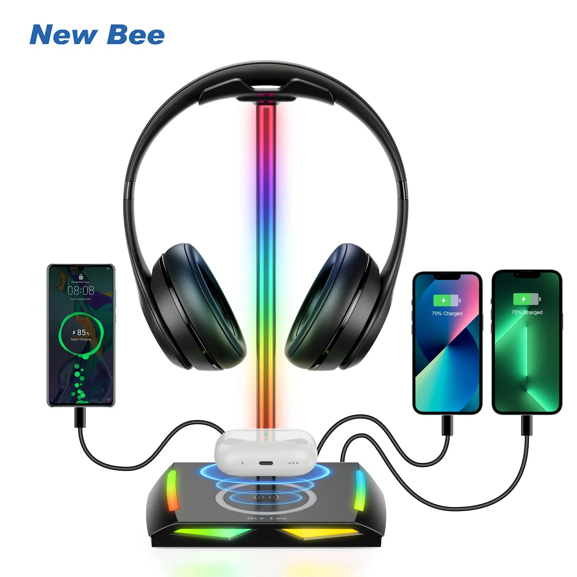 Nuevo Soporte para auriculares Bee Z12 RGB con Base de cargador inalámbrico, soporte para auriculares para juegos de escritorio, Base de goma antideslizante