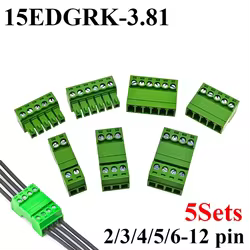 5 Juegos 15EDGRK 3,81mm 2/3/4/5/6-12 pines conector de bloque de terminales de tornillo de ángulo recto enchufe de paso de 3,81 MM + enchufe de cabezal de Pin