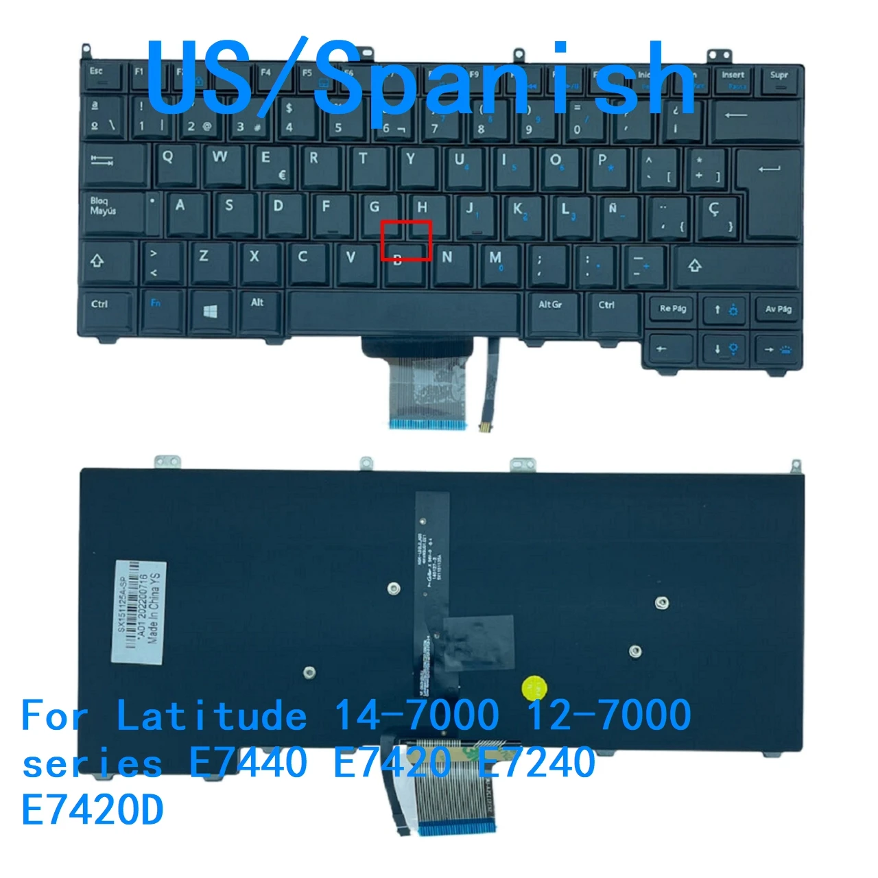 Nuevo teclado retroiluminado en idioma español de EE. UU. para Dell Latitude 12-7000 14-7000 series E7420 E7240 E7440 E7420D 08PP00