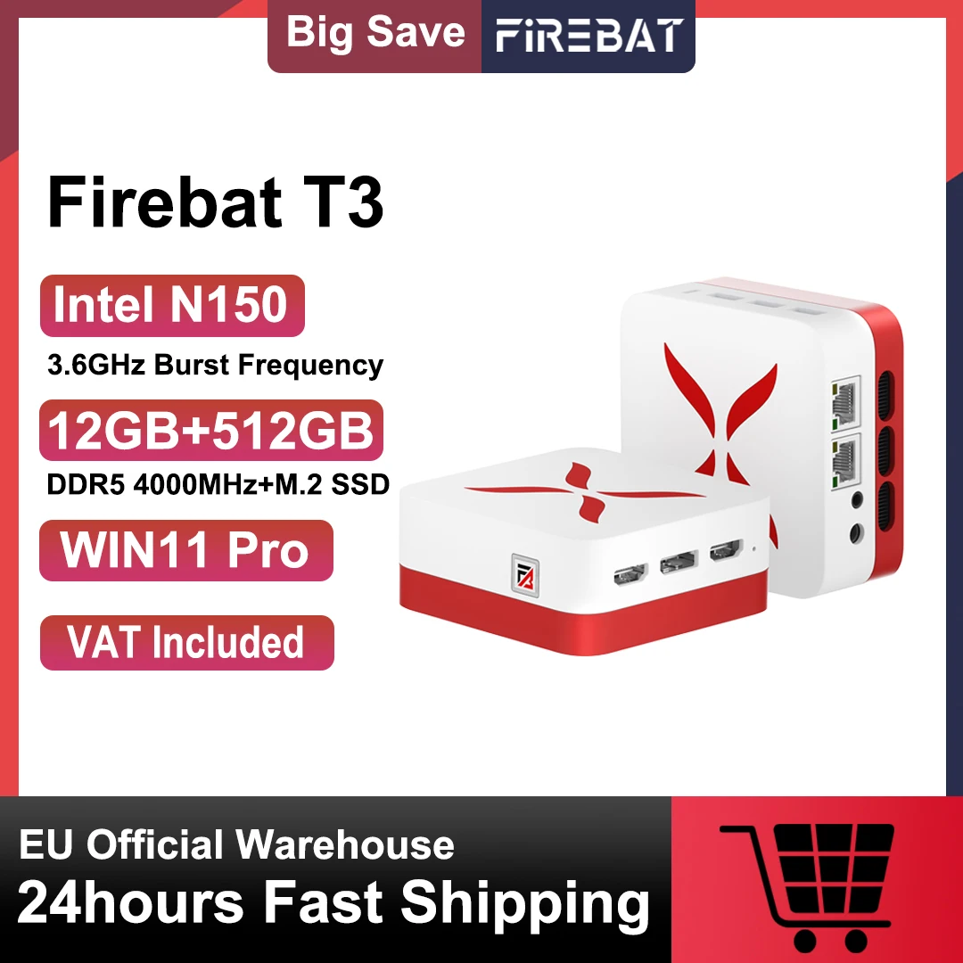FIREBAT Mini PC T3 Intel N150 CPU Windows 11 Pro DDR5 12GB RAM 512GB SSD ROM Wi-Fi 5 Bluetooth 4,2 HDMI DP USB computadora de escritorio - imagen 2