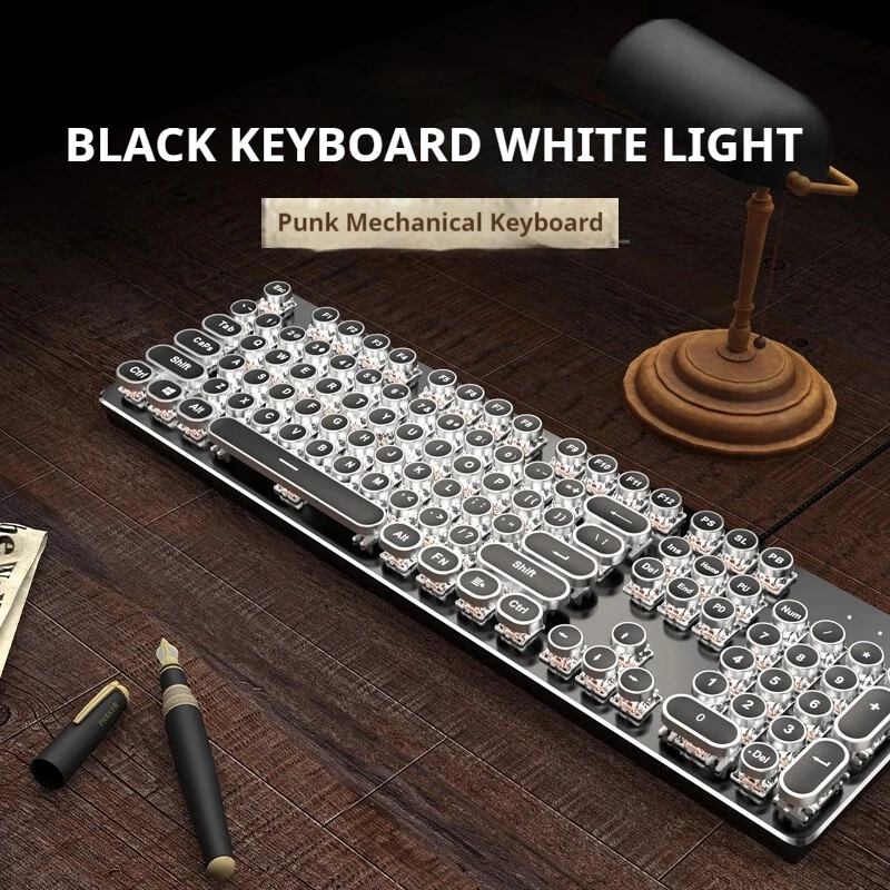 EWEADN Teclado mecánico para juegos punk, teclas redondas retro de 104 teclas, panel de metal, retroiluminado RGB, cable USB para Windows/oficina - imagen 5