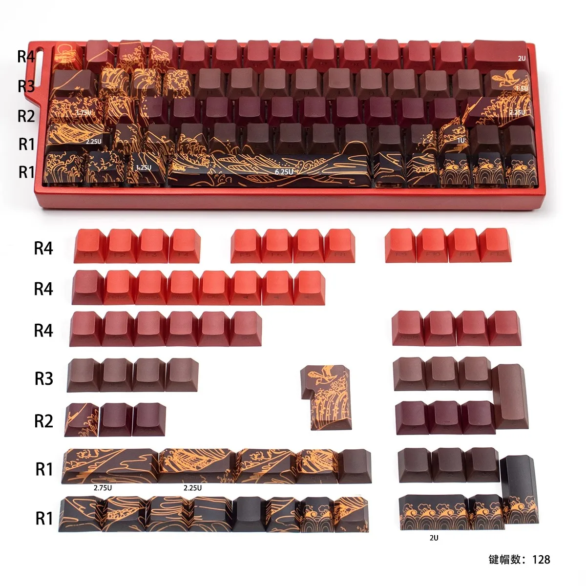 Teclas PBT con estampado lateral de mar de Coral rojo, 128 teclas, teclas retroiluminadas de doble disparo, perfil de cereza para teclado mecánico Cherry MX Gamer - imagen 2