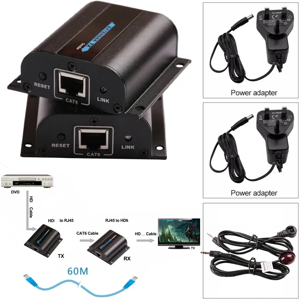 Extensor de Cable Ethernet HDMI de 60m, 1080P por Cable de red CAT6, transmisor y receptor de vídeo RJ45, convertidor para ordenador portátil, PC a TV - imagen 3