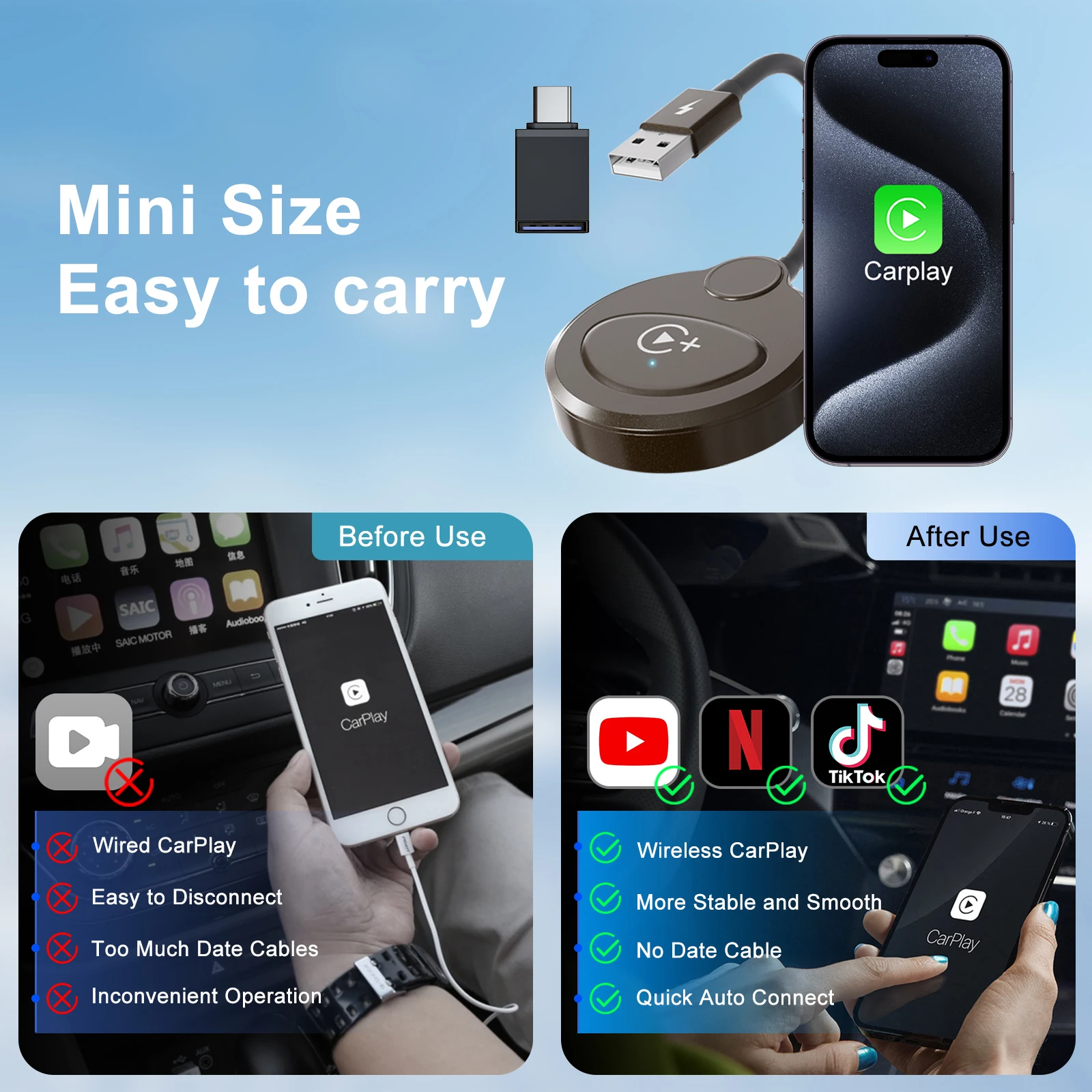 Adaptador inalámbrico Carplay con Youtube/Netflix/Tiktok, Dongle USB Carplay inalámbrico para Carplay con cable de fábrica a Wireless - imagen 5