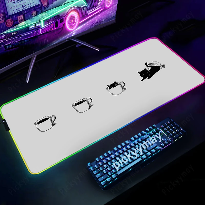 Alfombrilla de ratón RGB para juegos, alfombrillas de ratón de gato negro, alfombrillas LED grandes para jugadores, alfombrillas de teclado XXL, alfombrilla luminosa para escritorio, alfombrilla de ratón gris retroiluminada